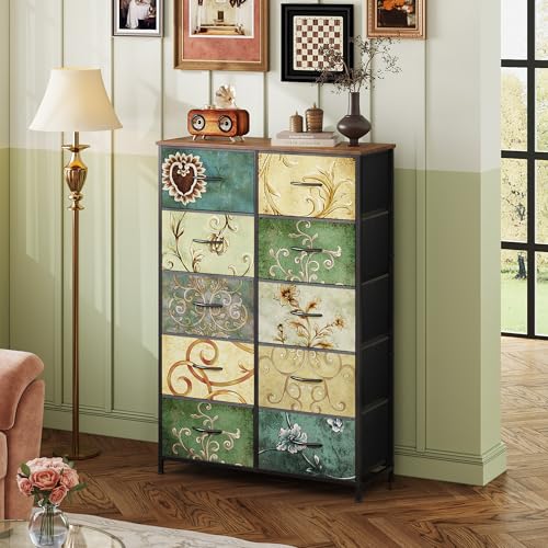 WLIVE Tall Dresser for Bedroom with 10 Drawers, Chest of Drawers, Fabric Dresser for Closet, Hallway, Living Room, Entryway, Floral Painted - color: Floral Painted