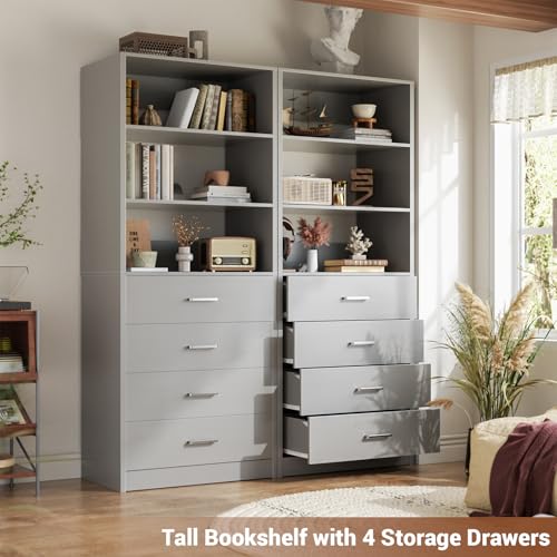 Aheaplus Closet Drawers Organizer System, 21.3" Wood Closet System with 4 Drawers, Modular Walk-in Closets Storage Unit, Tall Bookshelf Storage Cabinet, Grey - color: Grey
