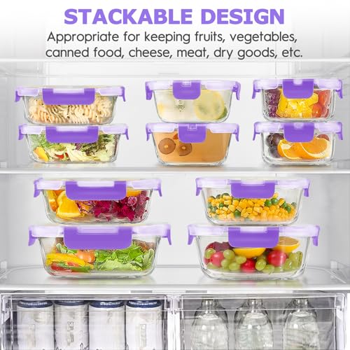 34pcs Glass Food Storage Containers with Lids Set, Airtight Glass Meal Prep Containers (17 Containers & 17 Lids), Leak Proof Lunch Container BPA-Free, Microwave, Oven, Freezer, Dishwasher Safe-Purple - color: PURPLE