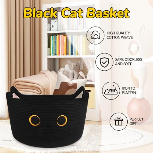 Large Black Cat Basket for Nursery, Cute Cat Woven Laundry Blanket Cotton Rope Extra Storage Basket with Handles, 0rganize Decorative Gifts for Towels Pillow Clothes Hamper Toy Bin,23"D×13"H - color: Black, size: 23 × 13 inches
