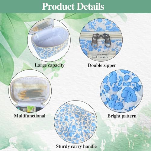 Blue Large Quilted Floral Makeup Bag Set of 3 Cute Coquette Aesthetic Cosmetic Bag Set Travel Toiletry Bag for Women - color: B-3Pcs Blue