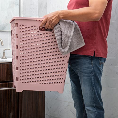 Mind Reader 61L Foldable Laundry Hamper, Clothes Basket, Lid, Wicker Design, Plastic, 18"L x 14.5"W x 21.25"H, Pink - color: Pink