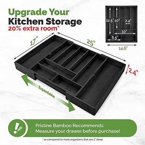 Pristine Bamboo Silverware Organizer - Expandable Kitchen Drawer Organizer - Adjustable Kitchen Drawer Organizer for Utensils, Expandable to 25 Inches Wide, 10 Slots - Black - color: Black, size: 10-Slots
