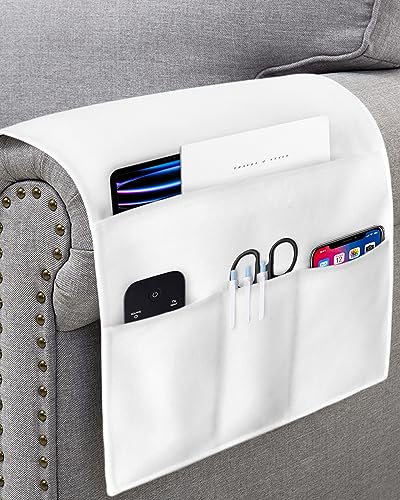 Sofa Armrest Organizer Bedside Caddy, White Non Slip Couch Remote Control Holder for Recliner, Pure White Arm Chair Caddy with Pocket for Magazine, Phone, 13''x35'' - size: 13x35 in