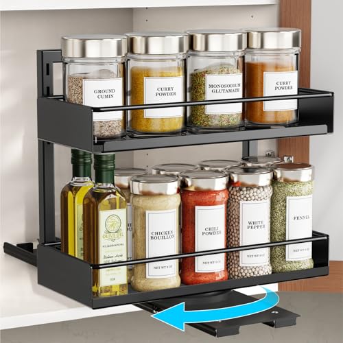 iSPECLE Spice Rack Organizer for Cabinet - 1 Pack Rotate Pull Out Spice Racks for Easy Access, Adjust Height to Fit 4 oz to 8 oz Spice Jars, Peel and Stick, 10.2" D for Inside Cabinet - color: 1-Pack Black