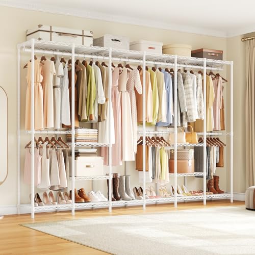 ONBRILL F6 Free Standing Industrial Pipe Clothes Rack, Large Heavy Duty Metal Garment Rack, Closet Organizer Storage System with Adjustable Shelves & Hanging Rods, Portable Wardrobe - White - color: White