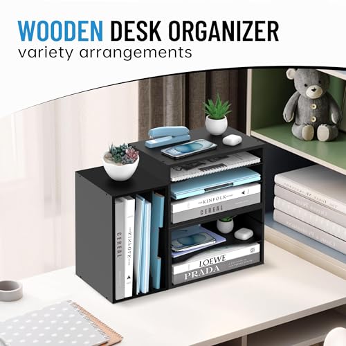 Wood Desk Organizer, 3 Tier Paper Tray Organizer for Desk with Adjustable Storage Shelves, Printer Stand Desktop File Organization Paper Sorter Mail Holder for Office Home Classroom, Black - color: Black, size: 3 Tier