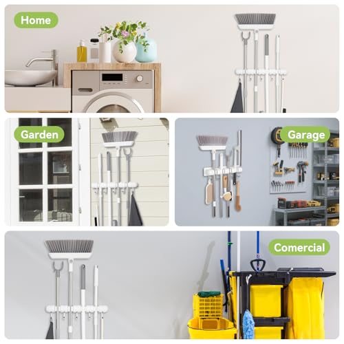 OTraki Broom Holder Wall Mount, No Drill Mop and Broom Organizer with 4 Slots and 5 Hooks, Garden Tool Hanger for Laundry Room Closet Kitchen Garage Storage and Organization