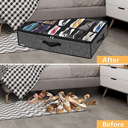 Onlyeasy Under Bed Shoe Storage Organizer For Closet, 4 Pack Fit 12x4 Pairs, Underbed Solution Shoes Container Bags with Sturdy Sidewall & Reinforced Handles, Breathable, Linen-like Black, MXAUBSB4P - color: Linen-like Black 4 Shoes (12+12 Cells)