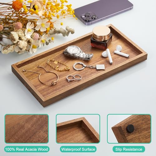 ALELION 11.7" Bathroom Vanity Tray for Counter - Acacia Wood Decorative Tray for Toilet Tank Makeup Perfume Jewelry Catchall Coffee Table - Wooden Kitchen Countertop Organizer for Soap Dispenser - color: Acacia, size: 6" x 0.8" x 11.7"