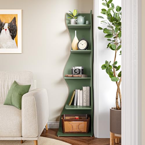 LITTLE TREE Small Corner Shelf, Modern 5-Tier Wall Corner Bookshelf, Stylish Bookcase Storage Rack for Small Space, Living Room, Bedroom, Green, 2 Pack - color: Green, size: 2 Pack