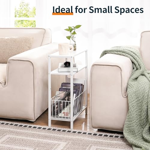 Yoobure Narrow Side Table with Storage Basket, Small End Table for Small Spaces, Skinny Side Tables Living Room Bedroom Office, Slim Nightstand 3 Tier Bedside Table Space-Saving for Magazine, White - color: White