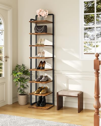 CHOEZON 8-Tier Vertical Shoe Rack, Narrow Shoe Tower, Corner Shoe Storage Organizer, Shoe Shelf, for Small Spaces, Industrial Style, for Entryway, Hallway, Living Room, Rustic Brown and Black TXJ08BF - color: Rustic Brown, Black, size: 11.7"L x 8.9"W x 53
