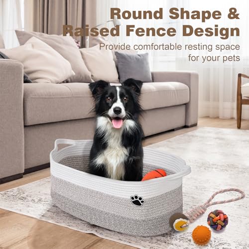 Optish Dog Toy Basket, Toy Box and Bin for Dog Cat Storage, 19.7" X 11" X 7.9" (30L) Large Woven Rope Basket for Blanket Storage, Living Room, Bedroom, White & Brown - color: White-Brown, size: 19.7"L x 11"W x 7.9"H (30L)