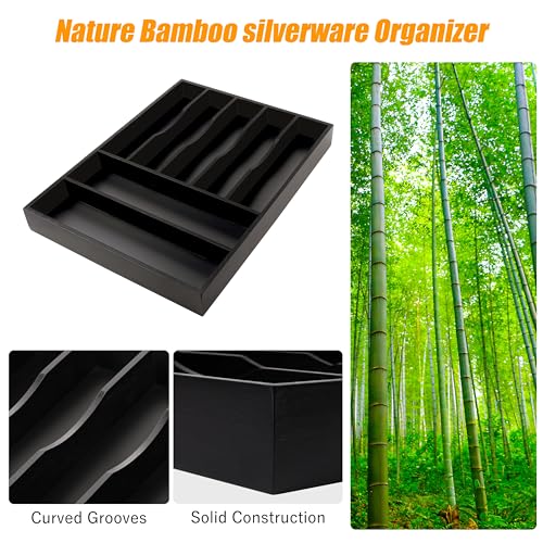 Bellsal Bamboo Silverware Drawer Organizer, Utensil Kitchen Drawer Organizer, Utensil Holder Cutlery Tray with Grooved Drawer Dividers for Kitchen Utensils and Flatware Bedroom Office (7 Slot, Black) - color: Black, size: 7 Slots