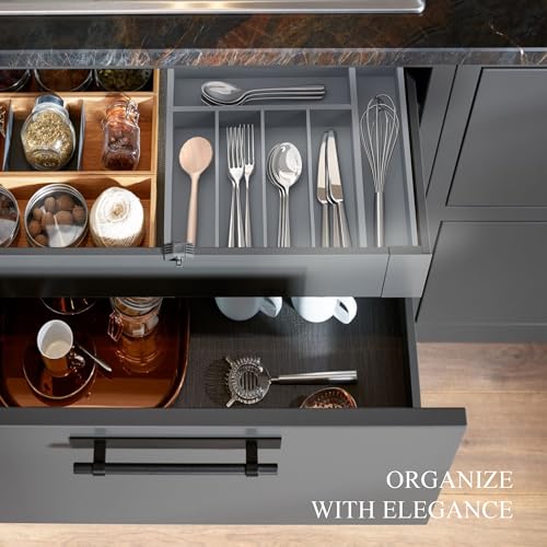 Bamboo Silverware Organizer, Kitchen Drawer Organizer, Utensil Holder, Cutlery Tray & Spoon Flatware Storage with Grooved Drawer Dividers (Grey, 12.5''W x 16.5''D) - color: Grey, size: 12.5''W x 16.5''D