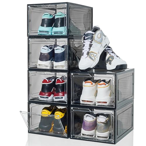 ZLLZUU Shoe Organizer Shoe Storage Boxes, 6 Pack Large Drop Front Shoe Boxes with Magnetic Door, Clear Plastic Stackable Shoe Containers (Black) - color: Black, size: Large-6Pack