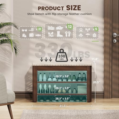 Shoe Bench for Entryway, Solid Rubberwood Shoe Bench with Hidden Storage, Adjustable 2-Tier Shelves & Soft PU Leather Seat, Shoe Rack Durable Easy Assembly for Hallway or Bedroom - Beige, 31.5" - color: Beige, size: 31.52"W x 11.82"D x 20.47"H