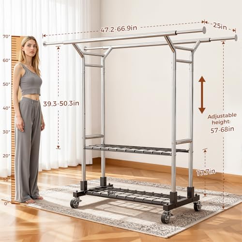 Luxspire Heavy Duty Clothes Rack Load 650 LBS, Double Rod Clothing Racks for Hanging Clothes, Rolling Garment Racks with Lockable Wheels, Shelves, Adjustable Laundry Hanging Rack, Silver - color: Silver