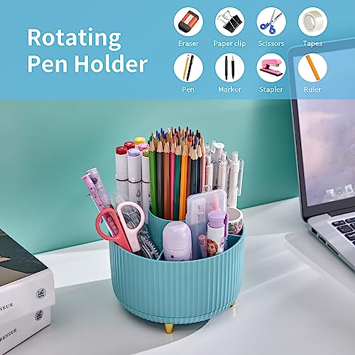 Marbrasse Desk Organizer, 360-Degree Rotating Pen Holder, Desk Organizers and Accessories with 5 Compartments Pencil Holder, Art Supply Storage Box Caddy for Office, Home（Light Blue） - color: Light Blue