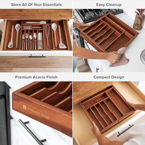 KitchenEdge Premium Silverware, Flatware and Utensil Organizer for Kitchen Drawers, Food-Safe Contract Grade, Expandable from 16 to 28 In, Natural Acacia - color: Natural Acacia, size: From 16" to 28" wide