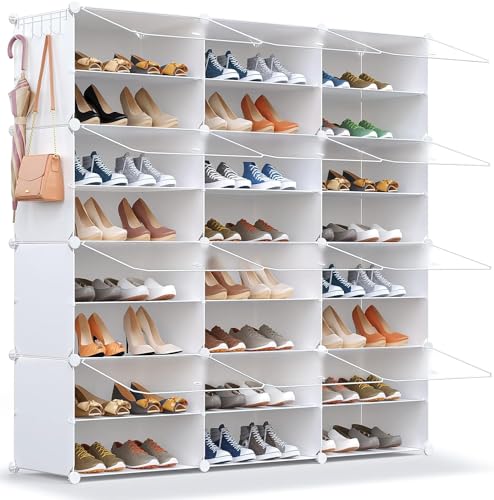 Shoe Rack Organizer, 48 Pair Shoe Storage Cabinet with Door Expandable Plastic Shoe Shelves for Closet,Entryway,Hallway,Bedroom - color: Transparent Door-white, size: 48 Pairs