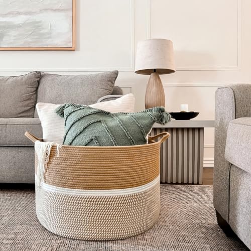 CHICVITA XXL Extra Large Cotton Rope Woven Basket with Handles, Throw Blanket Storage Basket, Decorative Clothes Hamper - 22" x 22" x 14", Brown&White - color: Brown and White