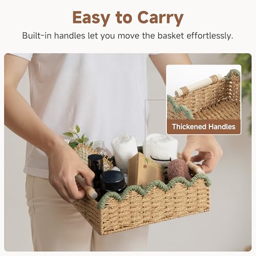 StorageWorks Toilet Paper Basket 2 Pack, Toilet Tank Basket with Wooden Handles, Small Wicker Decorative Scalloped Baskets for Organizing, Bathroom Storage, Green Rope - color: Paper Rope(Green), size: 11¾" L × 7¾" W × 4" H
