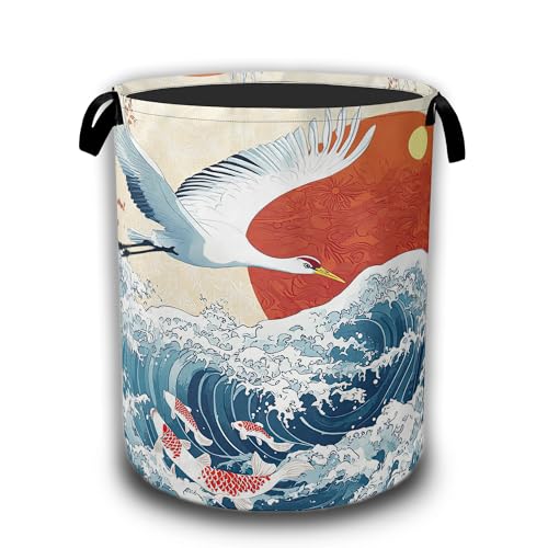 White Crane Laundry Baskets,Red Sun Japanese Wave Laundry Hamper,Storage Basket with Handles for Bathroom Bedroom College Dormitory Living Room Nursery Organizer 16"x20.8" - color: White Crane, Red Sun Japanese Wave