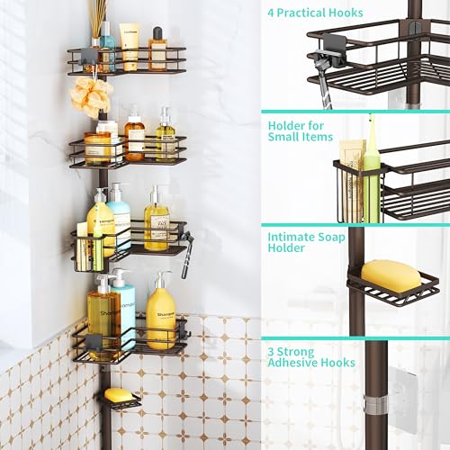 HapiRm Corner Shower Caddy Organizer - Shower Organizer Corner with Soap Holder, Toothbrush Holder and 4 Hooks, Rustproof Bathroom Shelf Tension Pole Available for 27.6 to 108.3 Inch - Bronze - color: Bronze