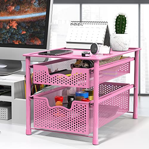 Simple Houseware Stackable 2 Tier Sliding Basket Organizer Drawer, Pink - color: Pink, size: 2-Tier