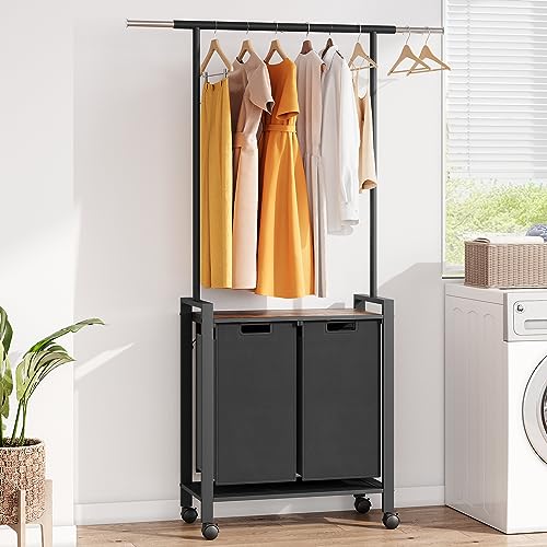 Laundry Sorter 2 Section Laundry Hamper Sorter with Clothes Hanging Rod and Wooden Storage Shelf 2 X 13gal Laundry Basket Organizer for Laundry Room Organization Storage Baskets, Black - size: 2 Bags