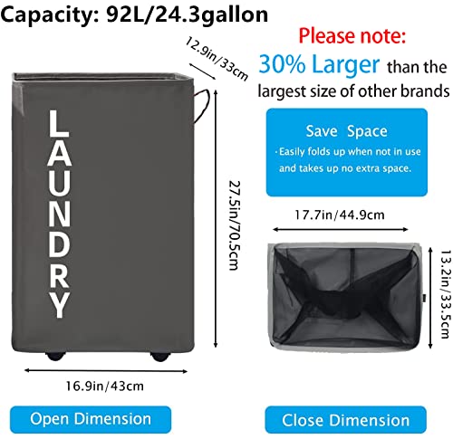 92L Extra Large Laundry Hamper with Leather Handle,Standable Laundry Basket with Wheels Laundry Hamper on Wheels,Large Hamper,Rolling Laundry Basket Grey - color: Grey/XXL, size: Super Large 27.5"