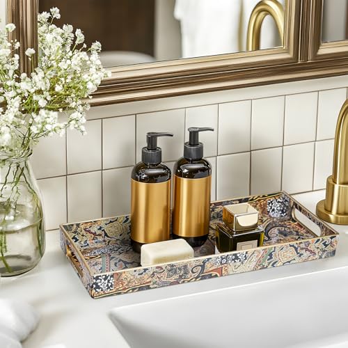 MAONAME Plastic Vanity Tray, Bathroom Counter Tray, Decorative Trays with Handles, Storage Dresser Trays Organizer for Toilet Tank, Jewelry, Makeup, 13.8" x 6" x 1.57" - color: Bohemian-3