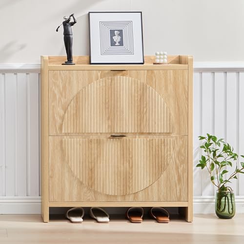 Narrow Shoe Cabinet with 2 Flip Drawers for Entryway,Wood Slim Shoe Rack Cabinet, Freestanding Hidden Shoe Storage Organizer, Space-Saving, Round Fluted Pattern for Hallway, Living Room (Natural) - color: Natural-2 Flip Drawers