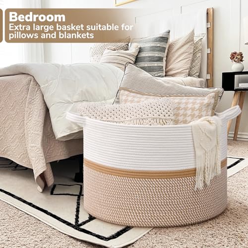 CHICVITA XXL Extra Large Blanket Basket, Cotton Rope Storage Basket for Organizing, Home Decor Woven Basket for Laundry Baby Nursery Decorative Toy Bin, White and Brown, 22" x 22" x 14" - color: White and Brown