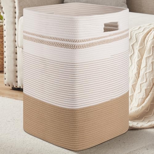 96L Extra Large Cotton Rope Laundry Basket for Bedroom & Laundry Room, Tall Clothes Hamper with Sturdy Handles, Neutral Storage Bin Capable of Holding Blankets and Toys - color: Jute & White, size: 96L