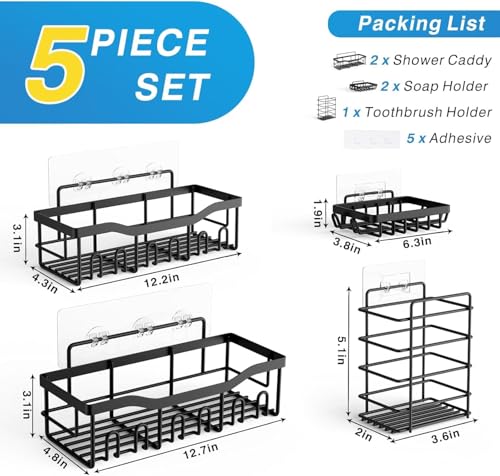 EUDELE 5-Pack Rustproof Stainless Steel Shower Caddy Set– No Drill Adhesive Bathroom Organizer, Space-Saving Shower Shelves for Apartment Essentials, Bathroom/Kitchen Storage Home Decor-L Size - color: Black-5pcs