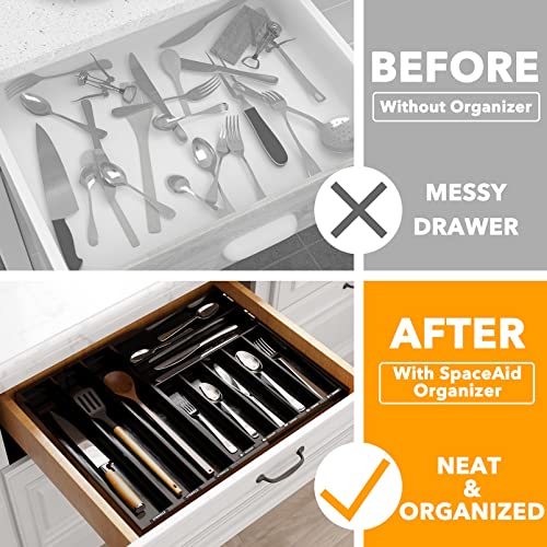 SpaceAid Bamboo Silverware Drawer Organizer with Labels, Kitchen Utensil Expandable Tray Holder Organizer for Flatware, Cutlery, Spoon and Knives Drawer Storage Organization (Black, 10 Slots) - color: Black
