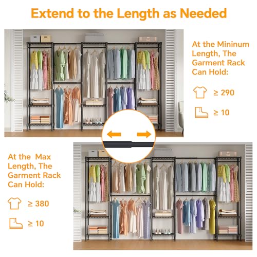 Higeego H11 Large Clothing Rack for Hanging Clothes Heavy Duty Garment Rack, Freestanding Wardrobe Closet Organizer and Storage with Expandable Hanger Rods, Extendable from 7.8 to 10.8 ft, Black - color: Black, style: 5 Row