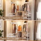 Wall Mounted Garment Rack, Walk-in Closet System with Expandable Rods, Adjustable Shelves, Industrial Pipe Clothing Racks, Hanging Clothes Organizers and Storage, Metal Closet Shelving Wardrobe - color: White