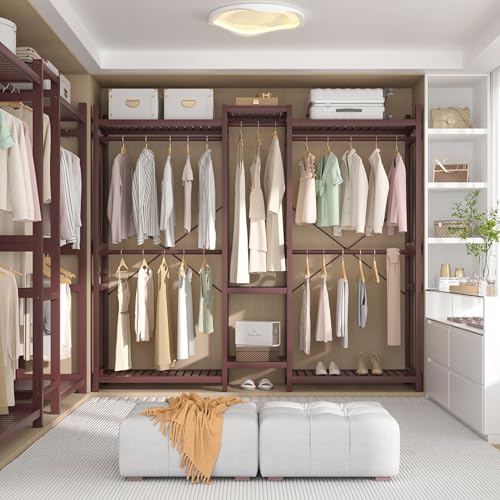 Homykic Bamboo Closet System Clothes Rack, Large Freestanding Garment Rack Clothing Rack for Hanging Clothes with 7 Storage Shelves and 5 Rods, Open Wardrobe Organizer with 4 Hooks, Espresso - color: Espresso, size: III Large
