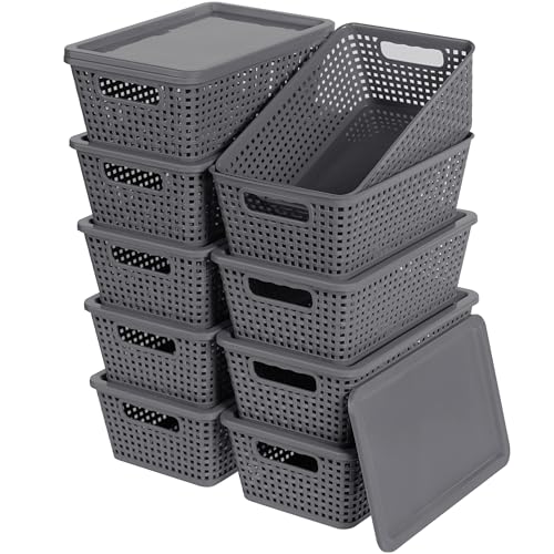 Plastic Storage Baskets With Lid, Storage Bins for Organizing, Stackable Decorative Containers for Shelves Drawers Desktop Closet Playroom Classroom Office,10 Pack-Grey - color: Grey, size: 10 Pack