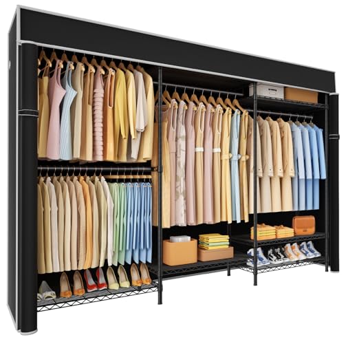 Ulif E13C Pro Heavy Duty Closet Organizer System，Freestanding Clothing Racks for Hanging Clothes，Adjustable Garment Rack 75" W x16 D x77 H Hold 1000lbs，Black Rack with Black Dustproof Cover - color: Black Rack with Black Cover, size: E13C Pro