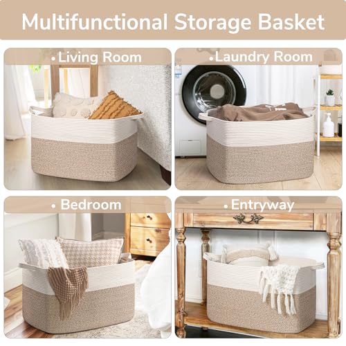 Goodpick Extra Large Woven Blanket Basket, 23.6" x 15.7" x 13.8" Storage Organizer for Blankets, Toys, Dirty Clothes, Rectangle Cotton Rope Basket for Living Room, Nursery, Bedroom - color: White & Light Brown, size: X-Large(23.6"L x 15.7"W x 13.8"H)