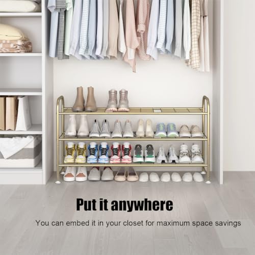 LINZINAR Shoe Rack Long 3 Tier Shoe Storage Organizer Metal Wide Shoe Shelf for Closet Entryway Bedroom 24 Paris Large Capacity, Gold - color: Gold, size: 3-Tier