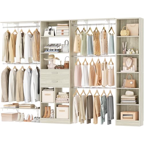 Besiost Closet System - 9.4FT/112" Closet Organizer System with Wooden Drawers,Closet Systems for Walk-In Closets with Hang Rods and Open Cabinet, Greige Oak - color: Greige Oak, size: 9.4FT