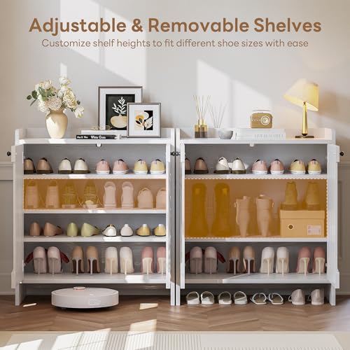 LIKIMIO Shoe Cabinet with Adjustable Shelves, 4-Tier Shoe Storage Cabinet with Slatted Doors, Freestanding Wooden Shoe Cabinet Storage for Entryway, Hallway, Living Room, White - color: White