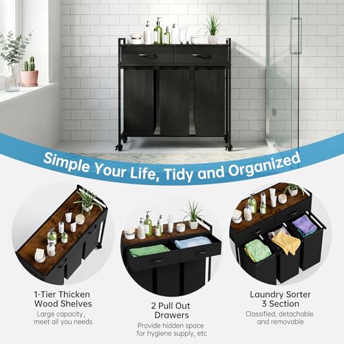 Laundry Sorter with 3 Section Pull Out Bags Rolling Laundry Basket Organizer with 2 Drawers Laundry Hamper with Shelves and Wheels for Laundry Room, Bathroom, Bedroom Organization (1 Tier) - size: 1 Tier