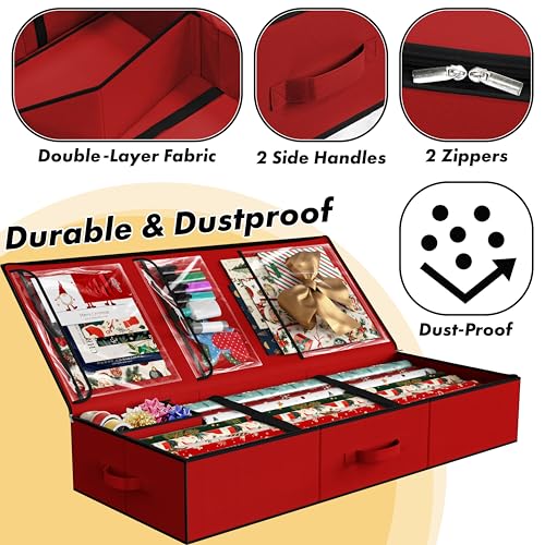 Simple Houseware 41.5" Wrapping Paper Storage Organizer - Fits 40 Rolls with Adjustable Straps, Interior Divider for Ribbons & Bows, 3 Clear Pockets for Gift Bags & Tools, 41.5''L x 16''W, Red - color: Red
